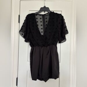 SHEIN Black Mini romper with Textured and ruffles sleeves
